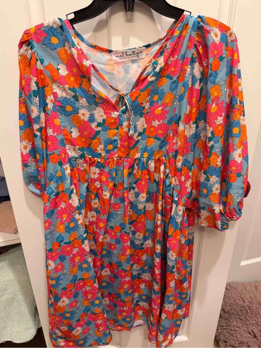 Floral Babydoll Dress in Turquoise with Pink & Orange Flowers